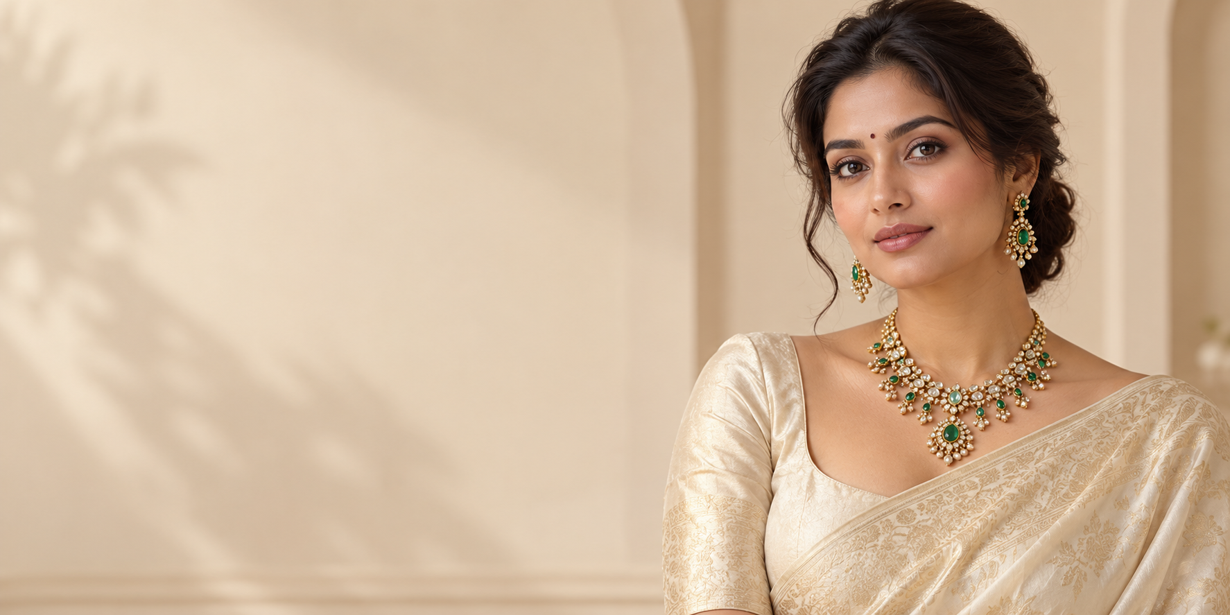 AI-styled Jewellous jewellery campaign in ivory and emerald
