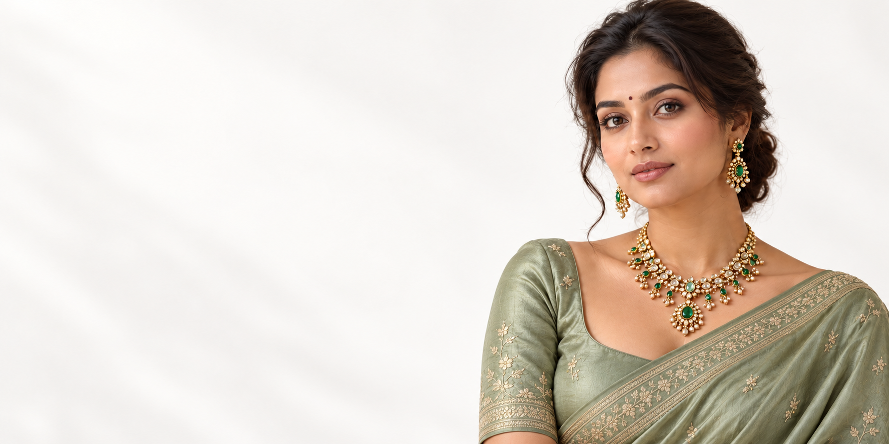 AI-styled Jewellous jewellery campaign in sage-green silk with subtle embroidery