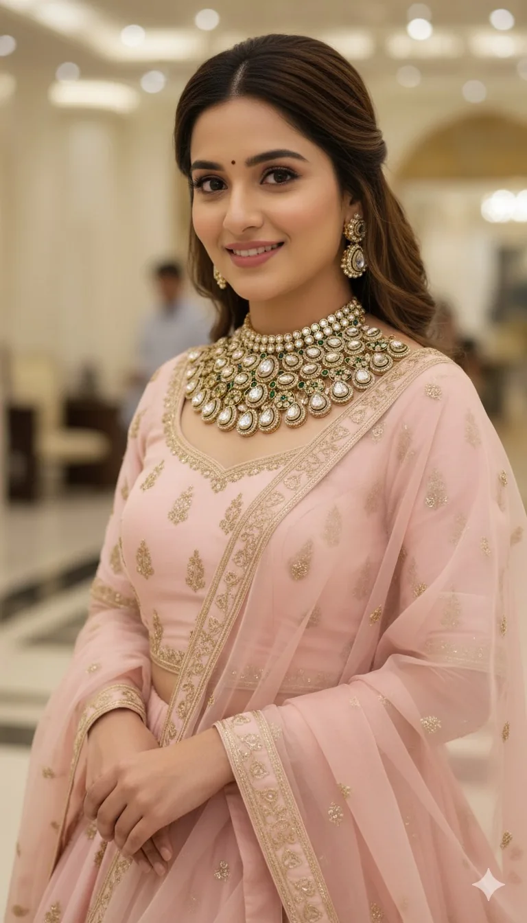 Bridal jewellery styled with a blush pink outfit